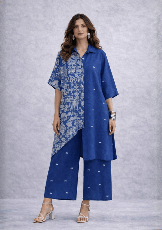 Blue Asymmetric Printed Indo-Western Kurta Co-Ord Set (Code RU - 4 (2229))