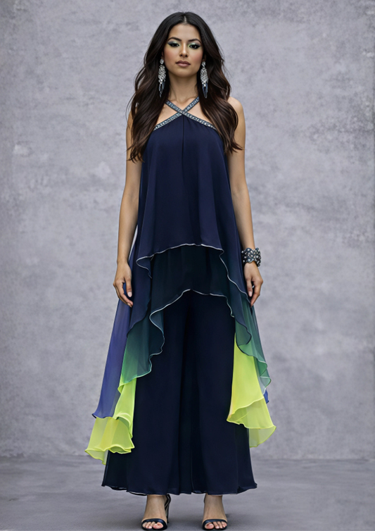 Indo-Western Blue Halter Neck Co-Ord Set with Palazzo (Code Do - 3)