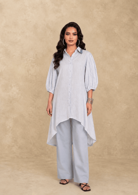 Blue Striped Indo-Western High-Low Co-Ord Set with Statement Collar (Code Pam 2)