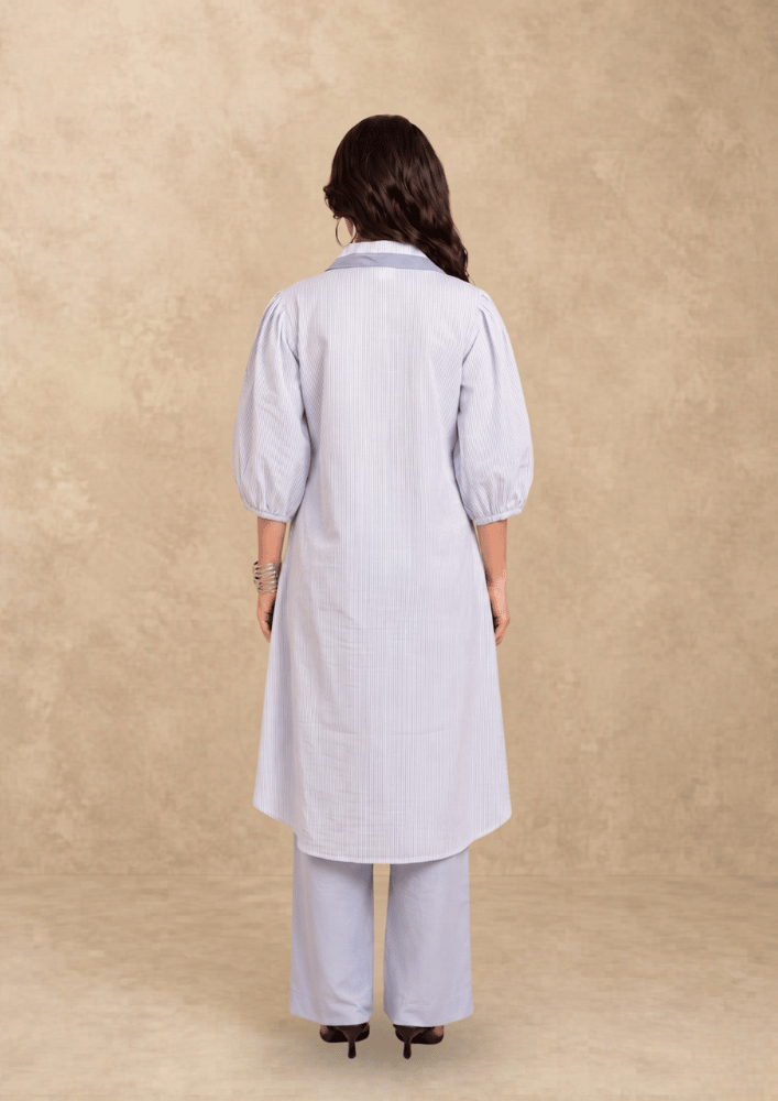 Blue Striped Indo-Western High-Low Co-Ord Set with Statement Collar (Code Pam 2)