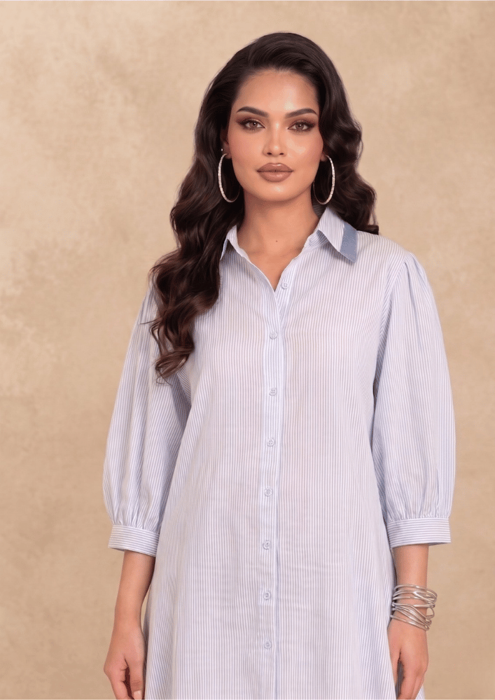 Blue Striped Indo-Western High-Low Co-Ord Set with Statement Collar (Code Pam 2)