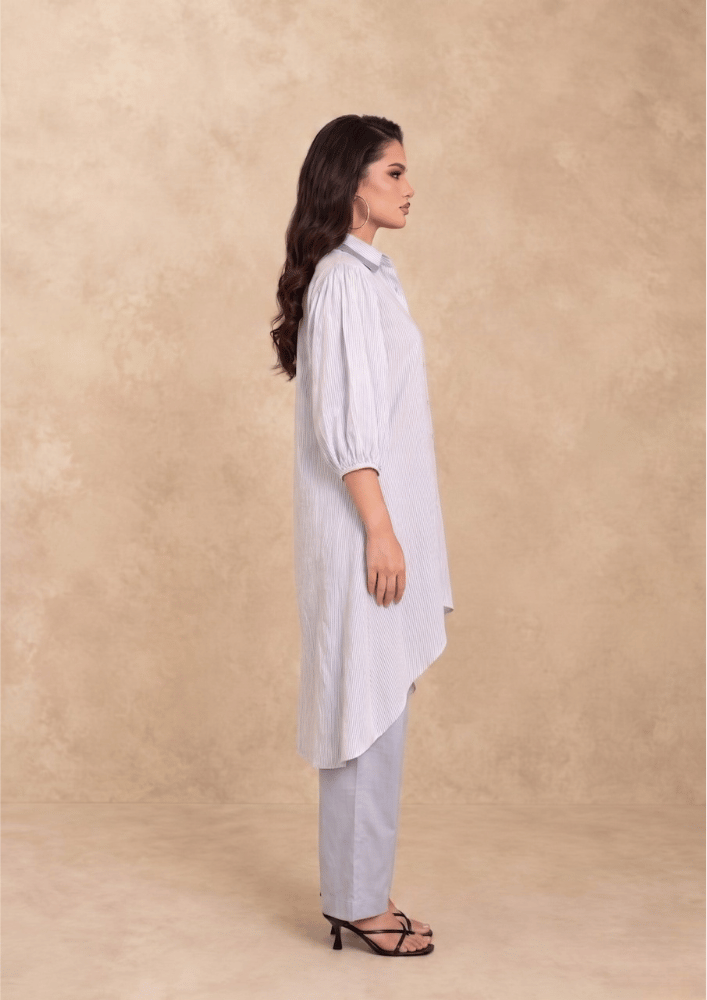 Blue Striped Indo-Western High-Low Co-Ord Set with Statement Collar (Code Pam 2)