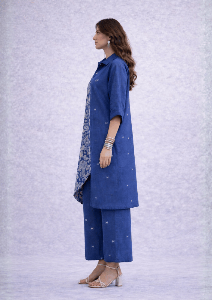 Blue Asymmetric Printed Indo-Western Kurta Co-Ord Set (Code RU - 4 (2229))