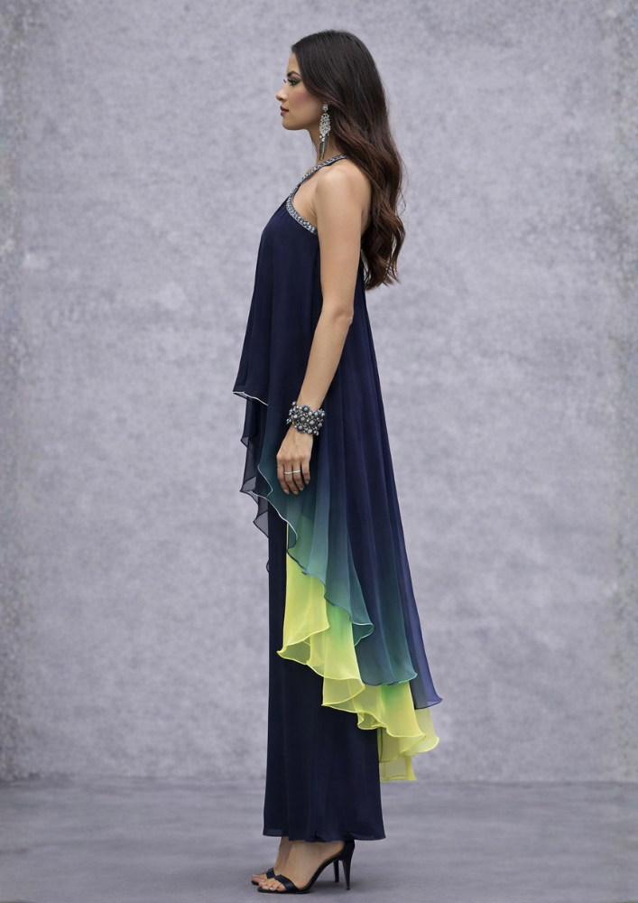 Indo-Western Blue Halter Neck Co-Ord Set with Palazzo (Code Do - 3)