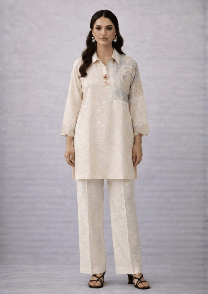 Cream & Grey Indo-Western Patchwork Kurta Co-Ord Set with Straight Pants (Code St - 3 (1802 GY))