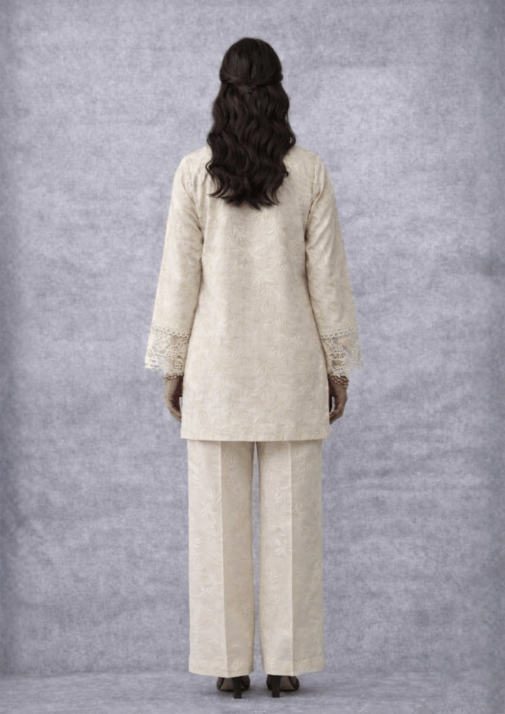 Cream & Grey Indo-Western Patchwork Kurta Co-Ord Set with Straight Pants (Code St - 3 (1802 GY))