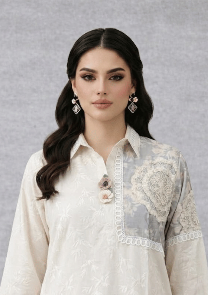 Cream & Grey Indo-Western Patchwork Kurta Co-Ord Set with Straight Pants (Code St - 3 (1802 GY))
