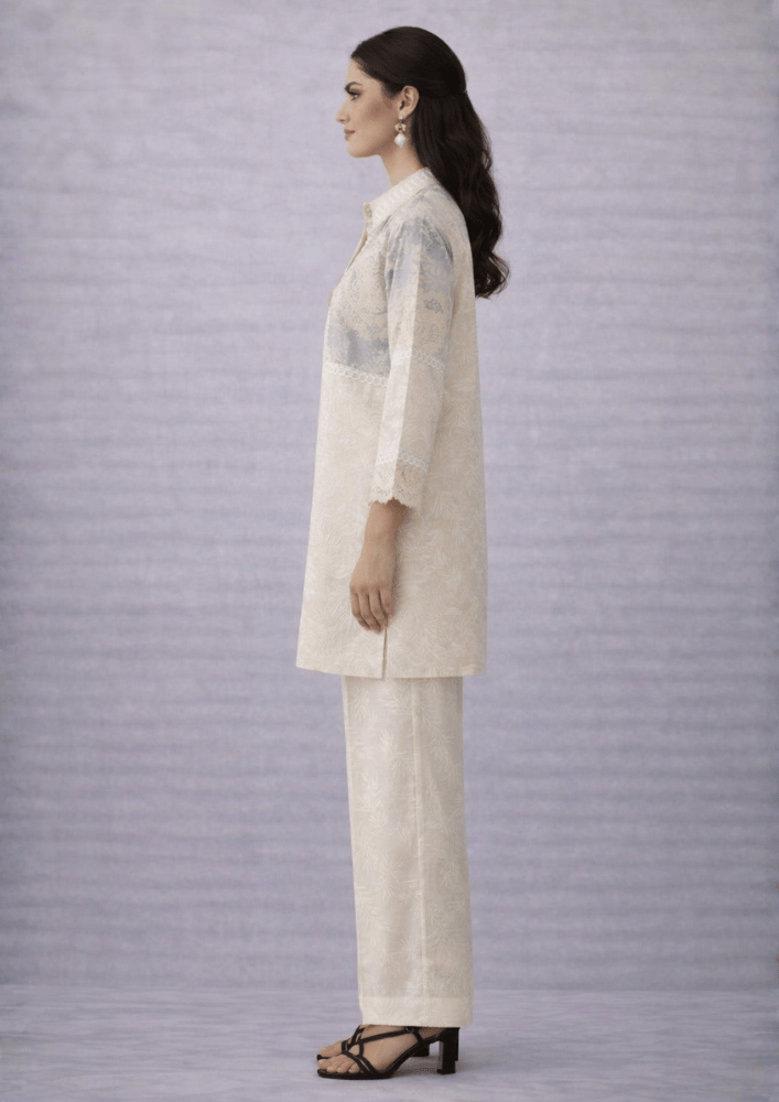 Cream & Grey Indo-Western Patchwork Kurta Co-Ord Set with Straight Pants (Code St - 3 (1802 GY))
