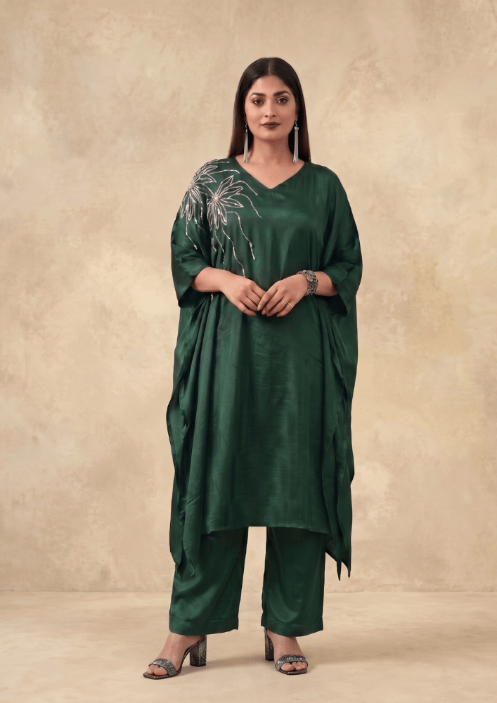 Dark Green Indo-Western Poncho Co-Ord Set with Tube Embroidery (Code SC - 4)