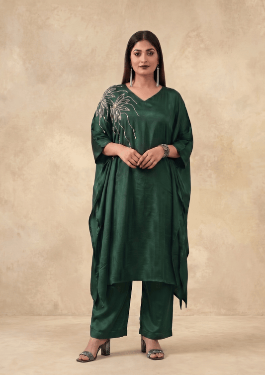 Dark Green Indo-Western Poncho Co-Ord Set with Tube Embroidery (Code SC - 4)
