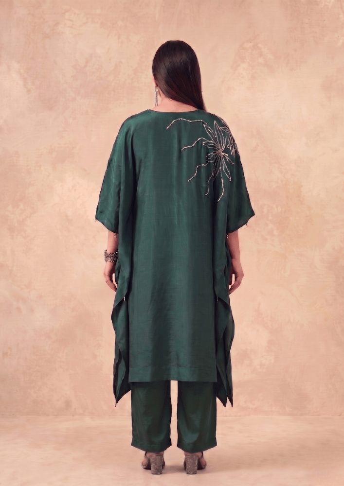 Dark Green Indo-Western Poncho Co-Ord Set with Tube Embroidery (Code SC - 4)