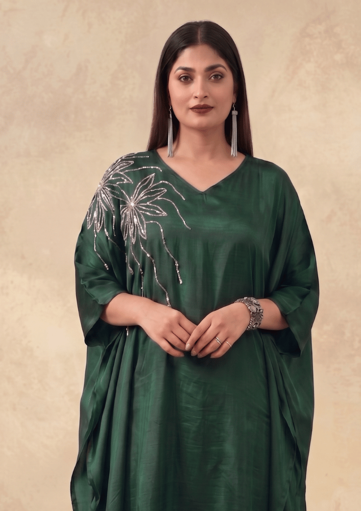 Dark Green Indo-Western Poncho Co-Ord Set with Tube Embroidery (Code SC - 4)