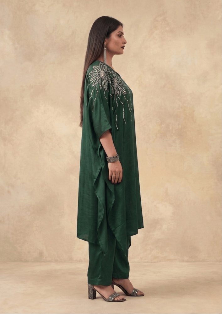 Dark Green Indo-Western Poncho Co-Ord Set with Tube Embroidery (Code SC - 4)
