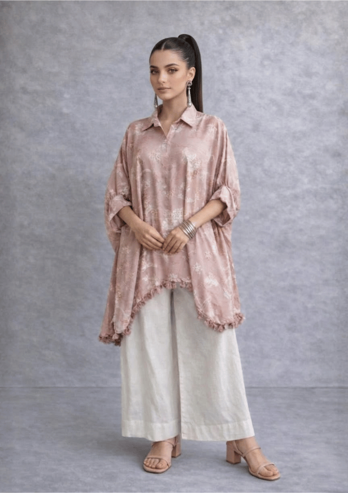 Dusty Pink Indo-Western Shirt Poncho Co-Ord Set with Straight Pants (Code RU - 8 (2245))