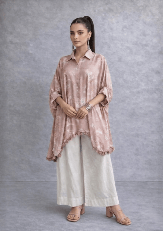 Dusty Pink Indo-Western Shirt Poncho Co-Ord Set with Straight Pants (Code RU - 8 (2245))