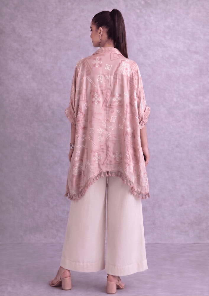 Dusty Pink Indo-Western Shirt Poncho Co-Ord Set with Straight Pants (Code RU - 8 (2245))