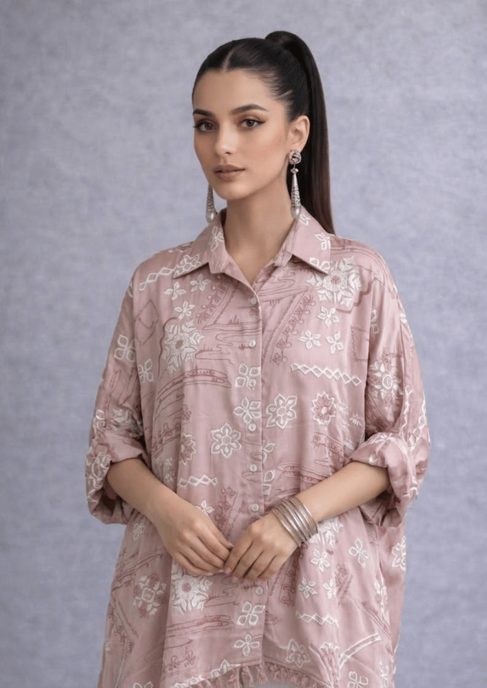 Dusty Pink Indo-Western Shirt Poncho Co-Ord Set with Straight Pants (Code RU - 8 (2245))