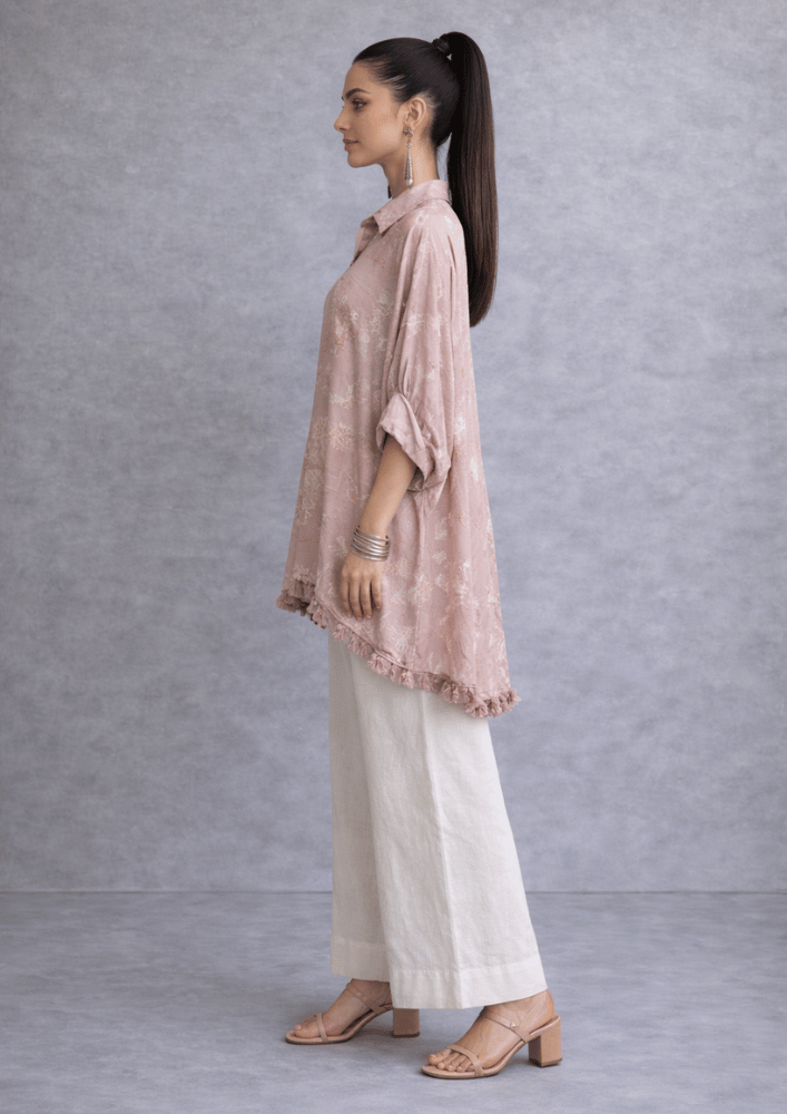 Dusty Pink Indo-Western Shirt Poncho Co-Ord Set with Straight Pants (Code RU - 8 (2245))