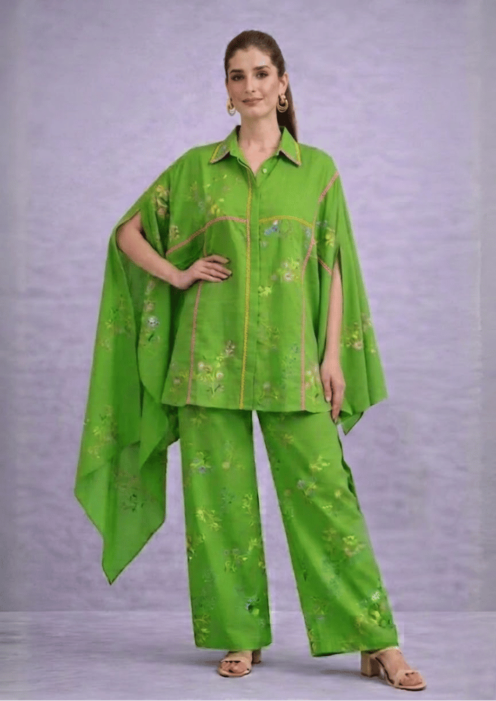 Green Printed Indo-Western Side Poncho Co-Ord Set  (Code RU - 6 (2234))