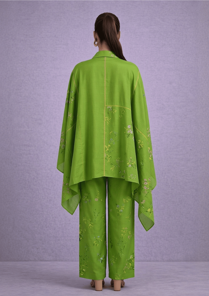 Green Printed Indo-Western Side Poncho Co-Ord Set  (Code RU - 6 (2234))
