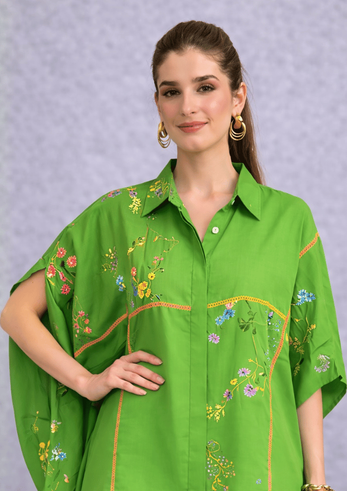 Green Printed Indo-Western Side Poncho Co-Ord Set  (Code RU - 6 (2234))