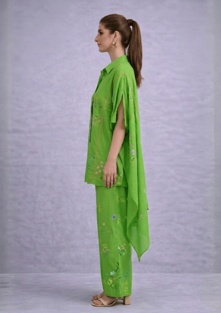 Green Printed Indo-Western Side Poncho Co-Ord Set  (Code RU - 6 (2234))