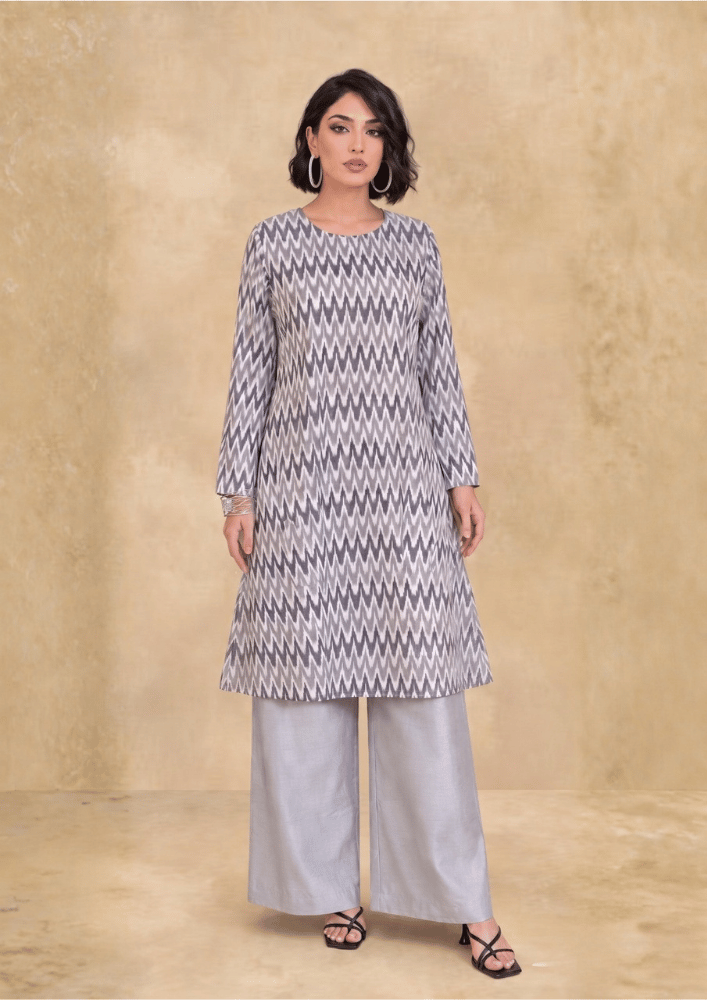 Grey Printed Indo-Western Co-Ord Set with Asymmetric Kurta  (Code Pam 1)