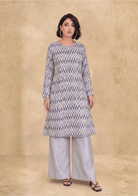 Grey Printed Indo-Western Co-Ord Set with Asymmetric Kurta  (Code Pam 1)