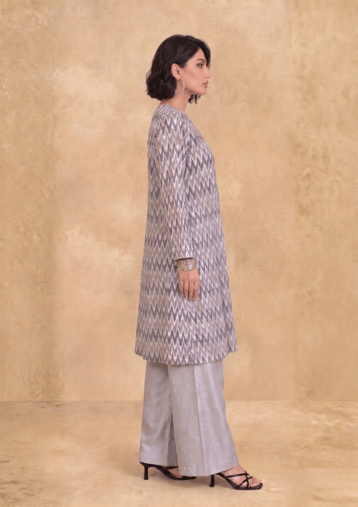 Grey Printed Indo-Western Co-Ord Set with Asymmetric Kurta  (Code Pam 1)