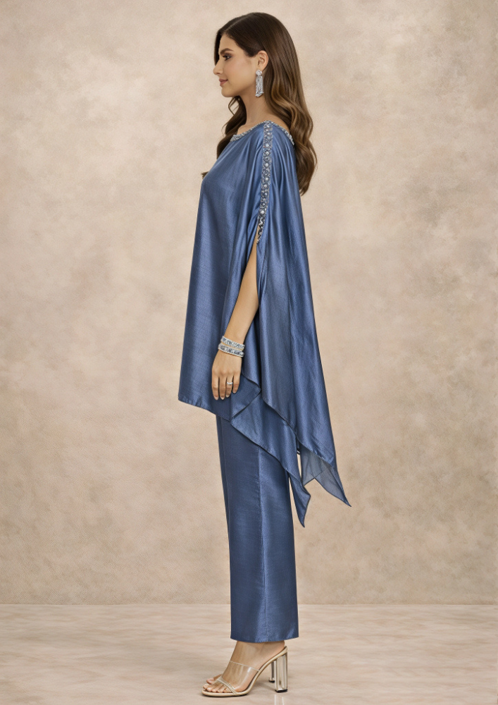 Grey Embellished Poncho Set with Boat Neck & Straight Pants (Code 107 - 2)