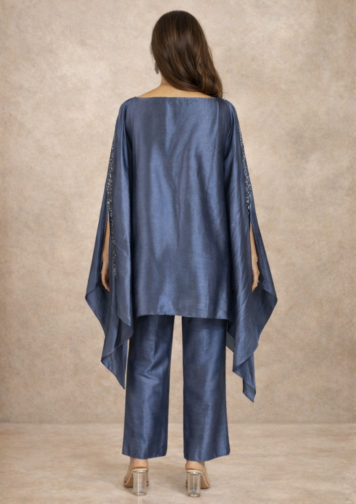 Grey Embellished Poncho Set with Boat Neck & Straight Pants (Code 107 - 2)