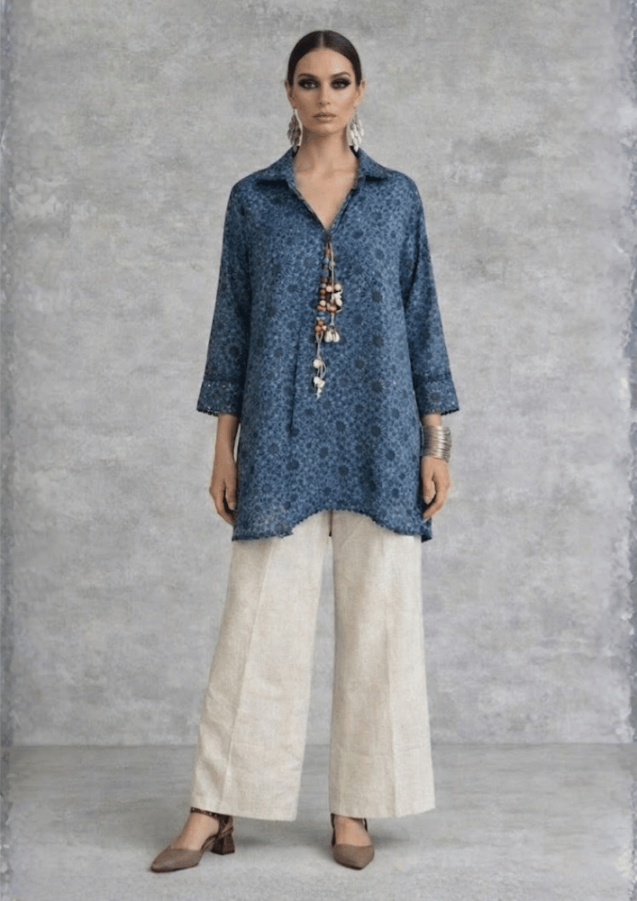 Indigo Blue Indo-Western Printed Kurta Co-Ord Set with Beaded Detail (Code RU - 9 (2249))