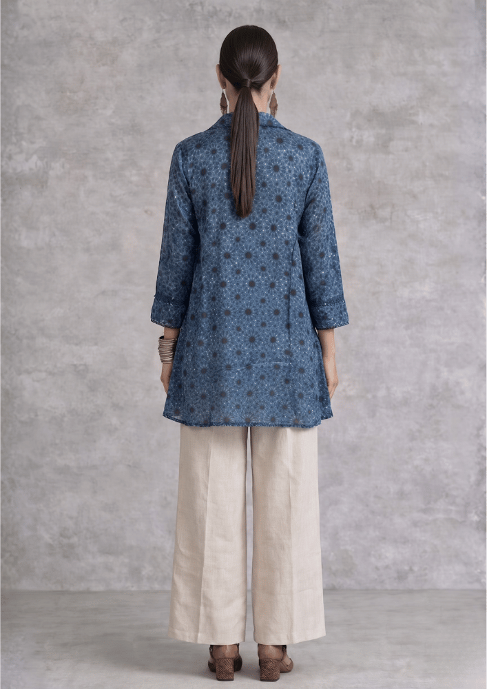 Indigo Blue Indo-Western Printed Kurta Co-Ord Set with Beaded Detail (Code RU - 9 (2249))