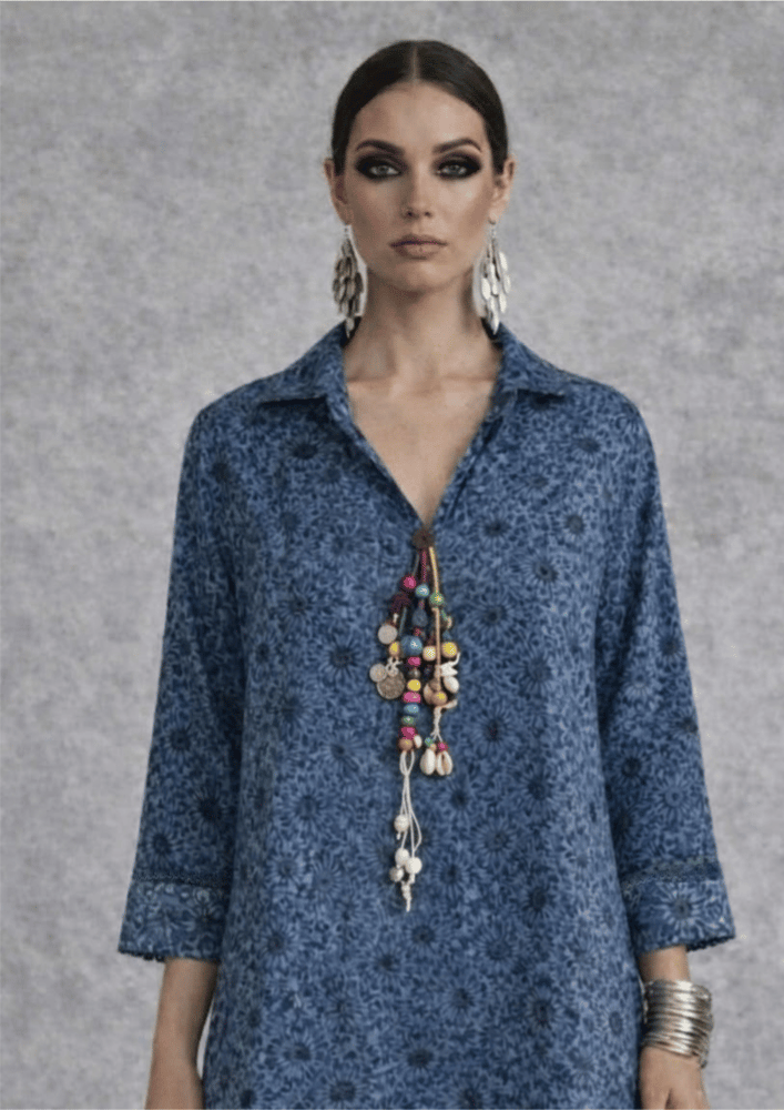 Indigo Blue Indo-Western Printed Kurta Co-Ord Set with Beaded Detail (Code RU - 9 (2249))
