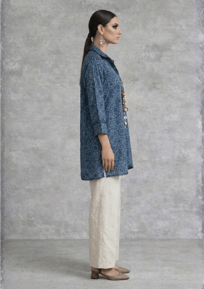 Indigo Blue Indo-Western Printed Kurta Co-Ord Set with Beaded Detail (Code RU - 9 (2249))