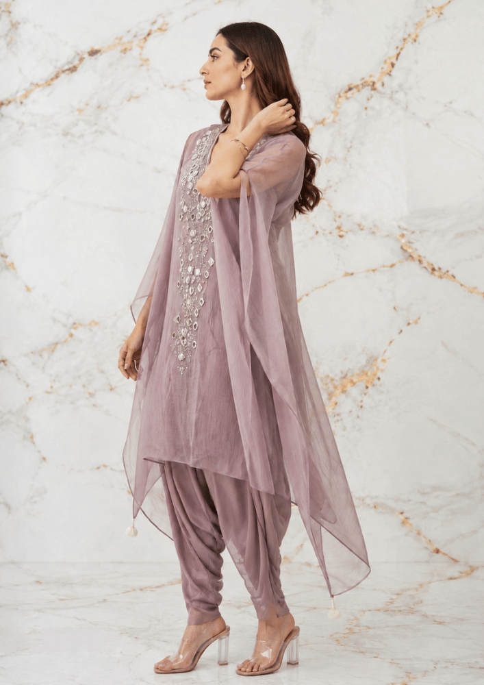 Lavender Indo-Western Poncho Co-Ord Set with Tulip Doti Pants (Code Do - 9)