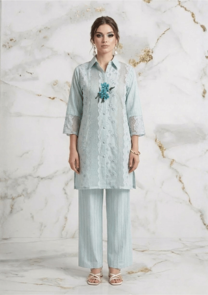 Light Blue Indo-Western Embroidered Patchwork Kurta Co-Ord Set with Straight Pants (Code St - 4 (1916 BE))