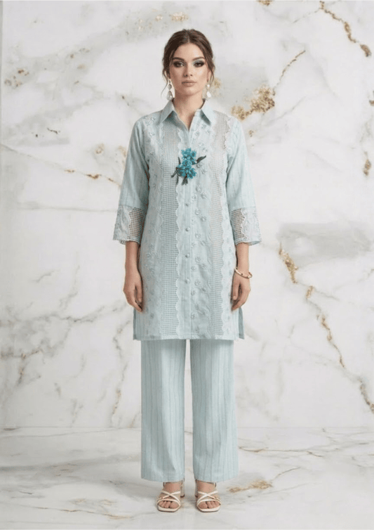 Light Blue Indo-Western Embroidered Patchwork Kurta Co-Ord Set with Straight Pants (Code St - 4 (1916 BE))