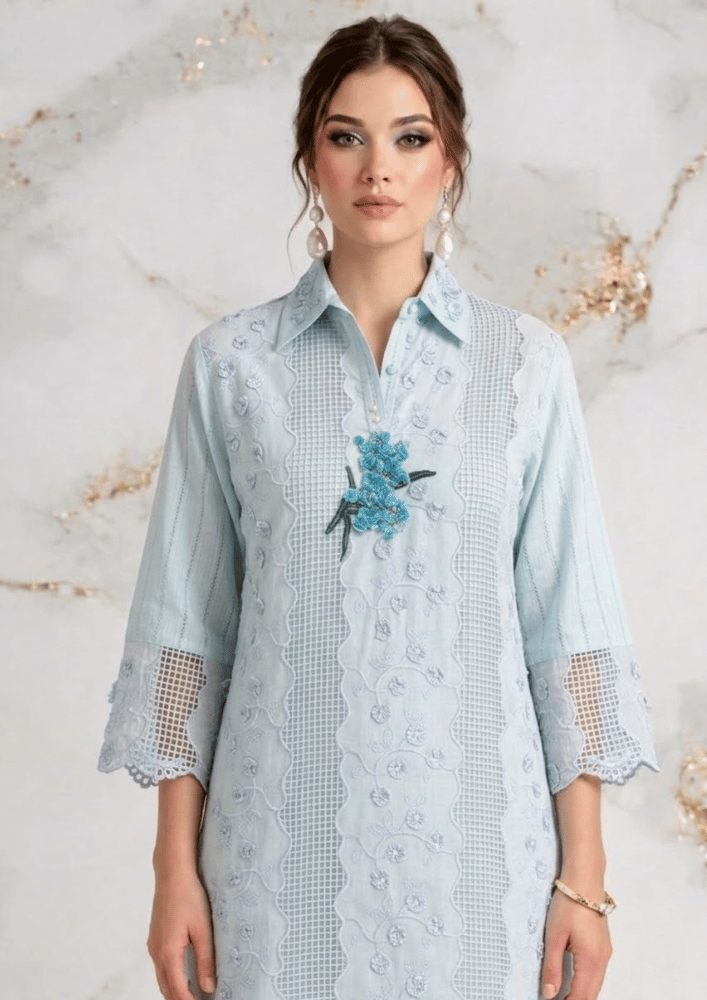 Light Blue Indo-Western Embroidered Patchwork Kurta Co-Ord Set with Straight Pants (Code St - 4 (1916 BE))
