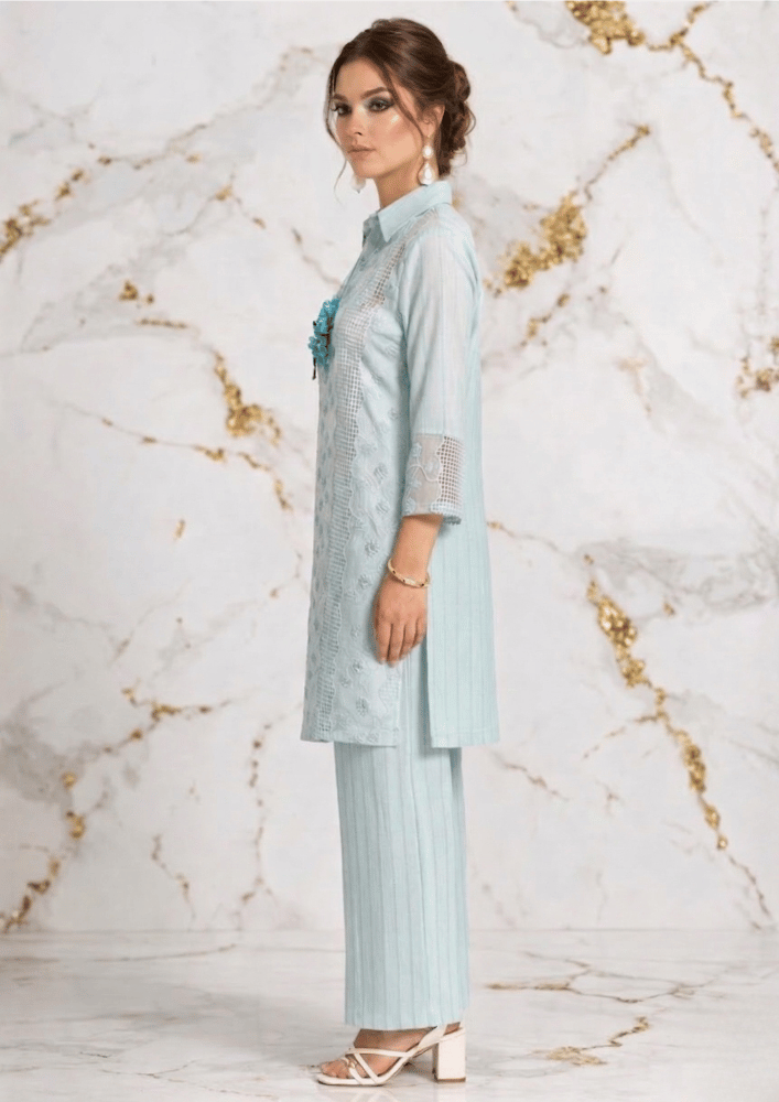 Light Blue Indo-Western Embroidered Patchwork Kurta Co-Ord Set with Straight Pants (Code St - 4 (1916 BE))