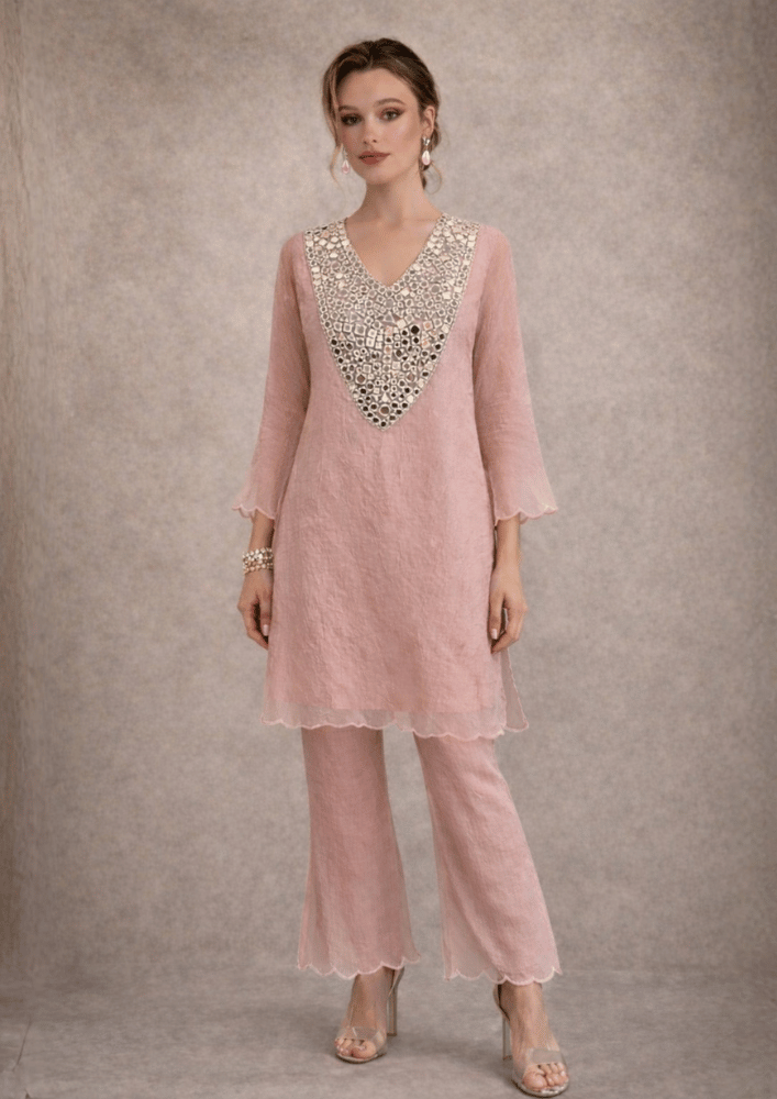 Mauve Pink Organza Indo-Western Mirror Work Co-Ord Set (Code SC - 10)