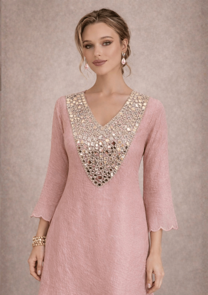 Mauve Pink Organza Indo-Western Mirror Work Co-Ord Set (Code SC - 10)