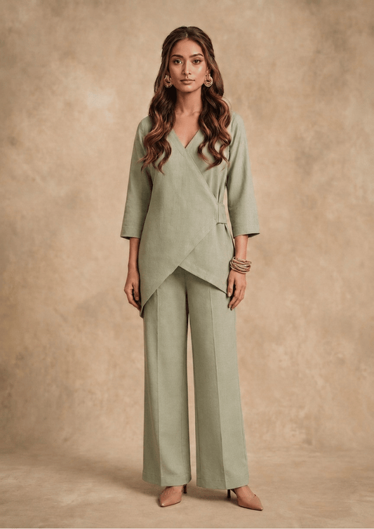 Olive Green Indo-Western Cross Wrap Co-Ord Set with Straight Pants (Code Pam 5)