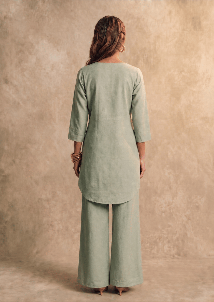 Olive Green Indo-Western Cross Wrap Co-Ord Set with Straight Pants (Code Pam 5)