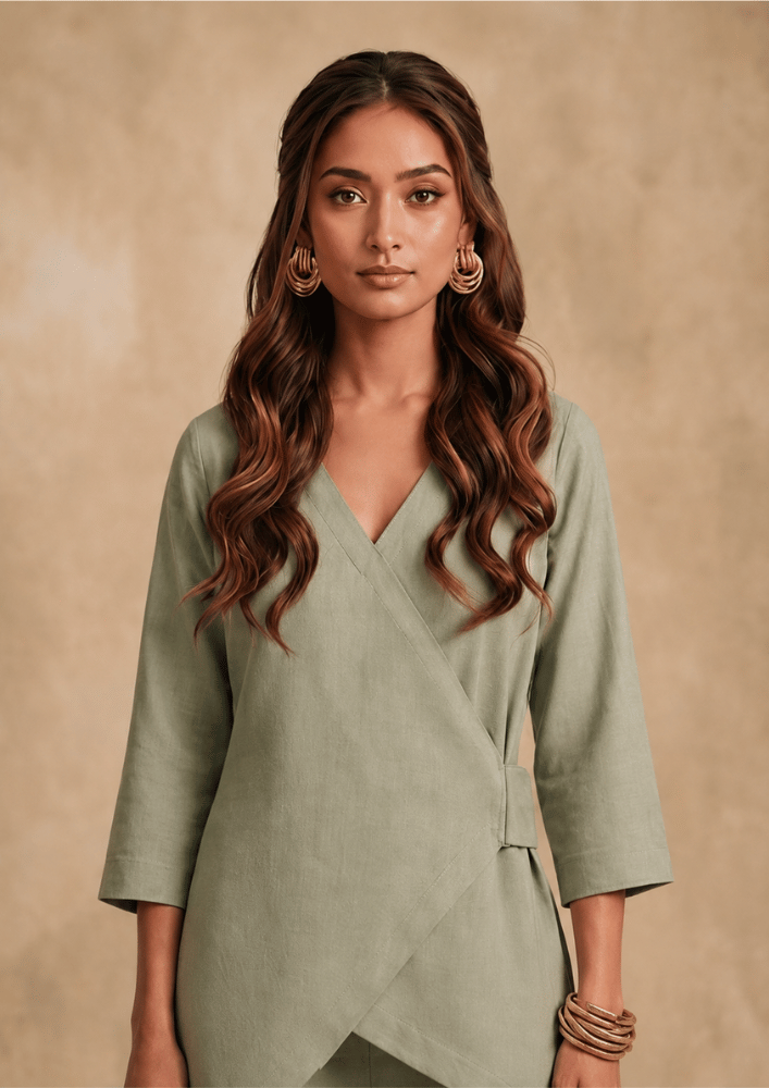 Olive Green Indo-Western Cross Wrap Co-Ord Set with Straight Pants (Code Pam 5)