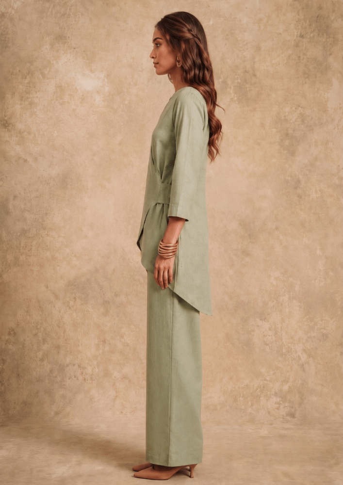 Olive Green Indo-Western Cross Wrap Co-Ord Set with Straight Pants (Code Pam 5)