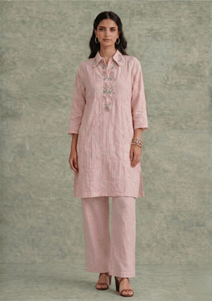 Peach Indo-Western Embroidered Kurta Co-Ord Set with Straight Pants (Code St - 1 (1204 PK))