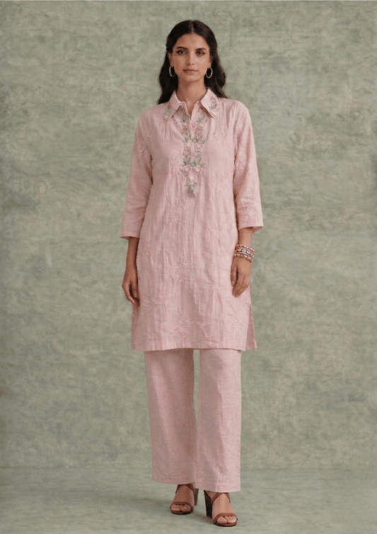 Peach Indo-Western Embroidered Kurta Co-Ord Set with Straight Pants (Code St - 1 (1204 PK))