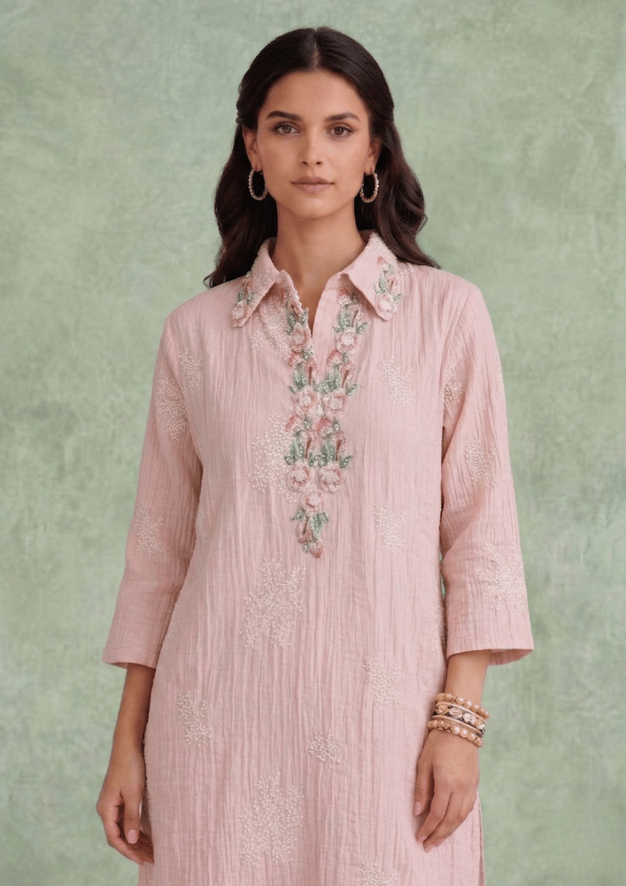 Peach Indo-Western Embroidered Kurta Co-Ord Set with Straight Pants (Code St - 1 (1204 PK))