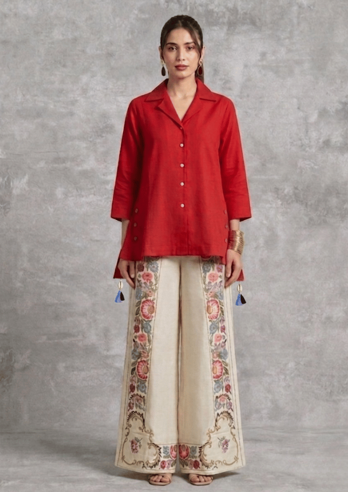 Red Indo-Western Button-Detail Co-Ord Set with Printed Straight Pants (Code Ru - 14  (FL 2265))